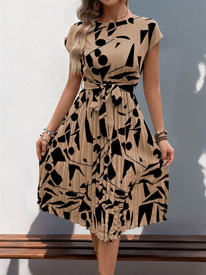 High Waisted Sleeveless Abstract Printed Contrast Color Pleated Polka-Dot Split-Joint Tied Waist Round-Neck Midi Dresses