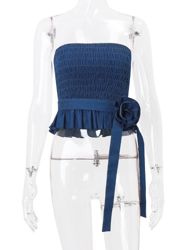 Skinny Sleeveless Elasticity Pleated Ruffled Three-Dimensional Flower Tied Waist Tube Vest Top