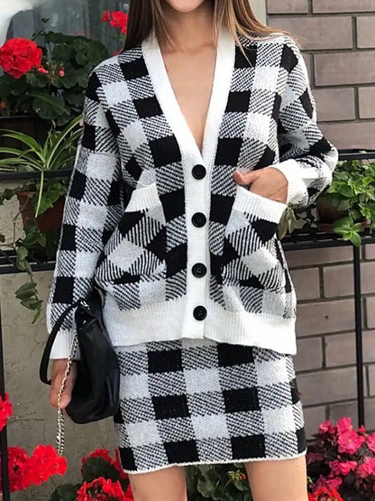 Long Sleeves Loose Buttoned Plaid Pockets Split-Joint V-Neck Cardigan Tops + Skirts Bottom Two Pieces Set