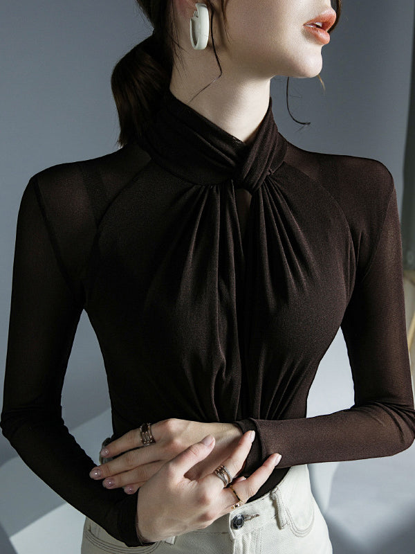 Long Sleeves Plus Size Hollow Mesh Pleated See-Through Solid Color Twist Half Turtleneck Blouses&Shirts Tops