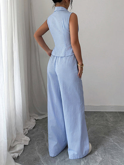 Sleeveless Buttoned Contrast Color Striped Lapel Vest Top + Pleated Pockets Pants Bottom Two Pieces Set