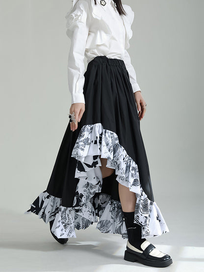 High Waisted Loose Asymmetric Elasticity Pleated Printed Ruffled Split-Joint Skirts Bottoms