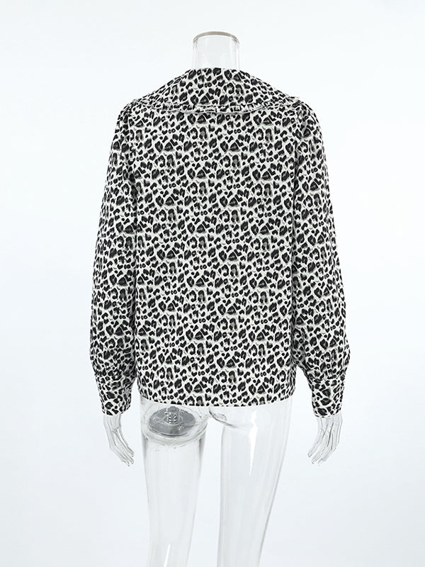 Loose Puff Sleeves Leopard Split-Joint Peter Pan Collar Blouses&Shirts Tops