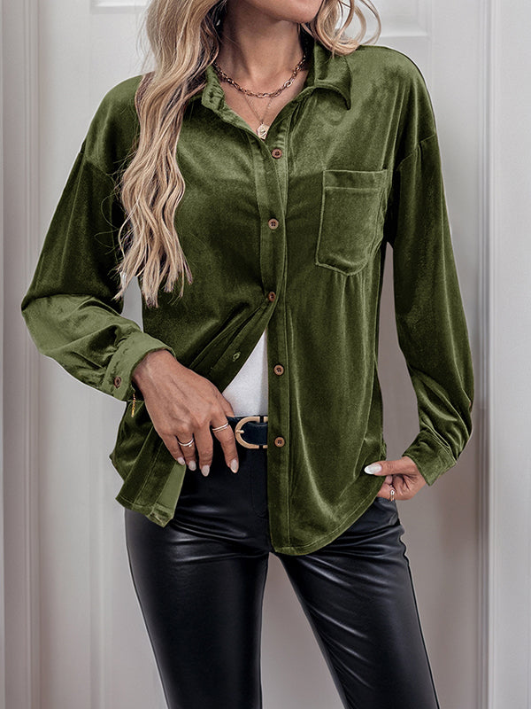 Long Sleeves Loose Buttoned Pockets Solid Color Split-Joint Velvet Lapel Blouses&Shirts Tops