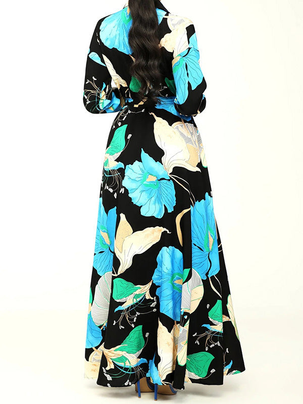 A-Line High Waisted Belted Buttoned Flower Print Lapel Maxi Dresses