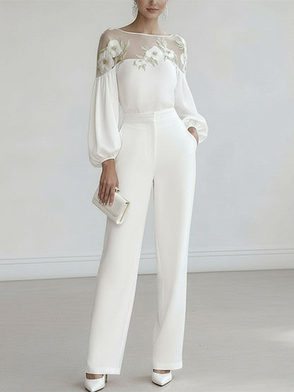 Loose Puff Sleeves Applique Flower Shape Mesh Split-Joint Round-Neck Blouses&Shirts Tops