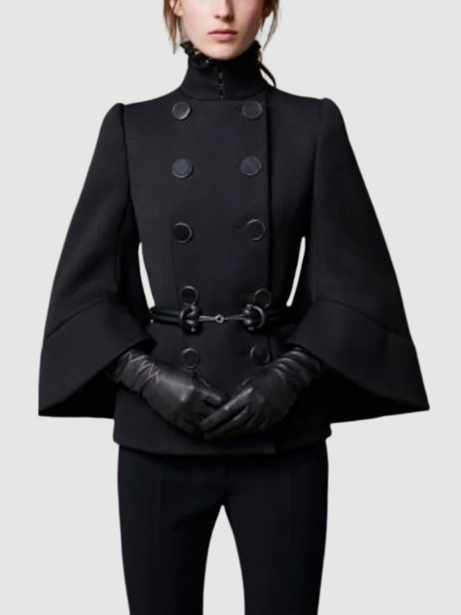 Flared Buttoned Solid Color High Neck Jackets&Coats Outerwear Woolen Coat