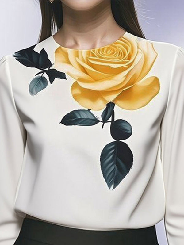 Long Sleeves Loose Flower Print Pleated Round-Neck Blouses&Shirts Tops