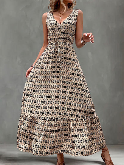 High Waisted Sleeveless Contrast Color Printed Tied Waist V-Neck Maxi Dresses