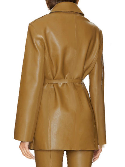Long Sleeves Loose Belted Pockets Solid Color Notched Collar Blazer Outerwear