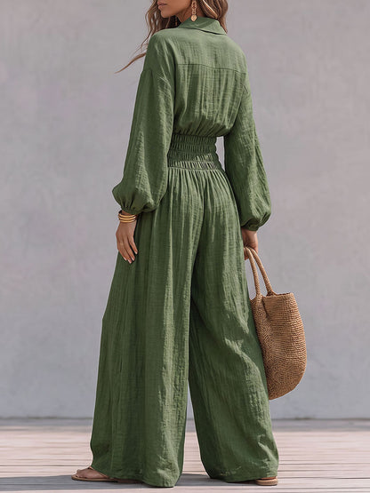 Solid Color Ruched Pockets Elasticity Buttoned Wide Leg Loose Lapel Jumpsuits