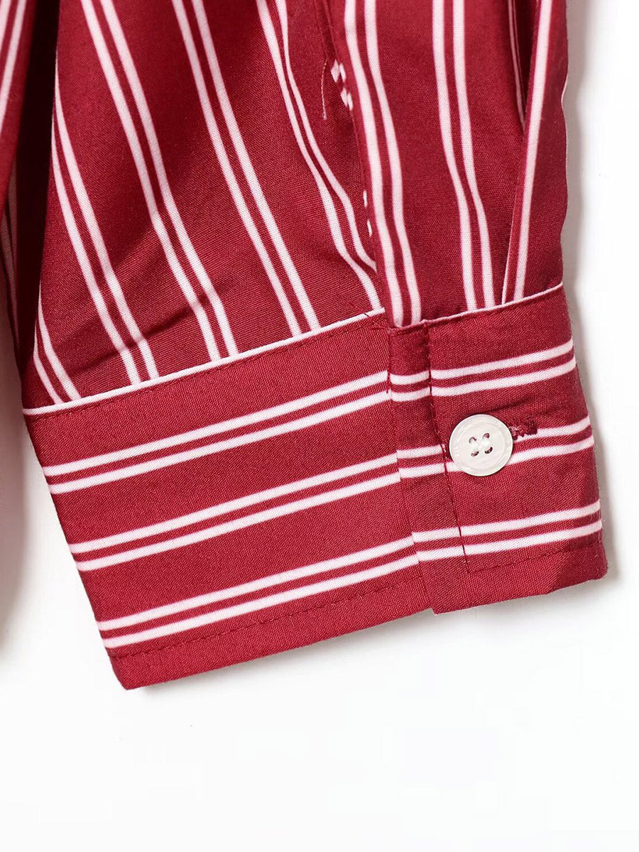 Striped Contrast Color Buttoned Loose Long Sleeves Lapel Blouses&shirts Tops