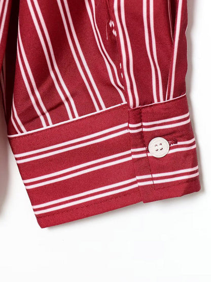 Striped Contrast Color Buttoned Loose Long Sleeves Lapel Blouses&shirts Tops