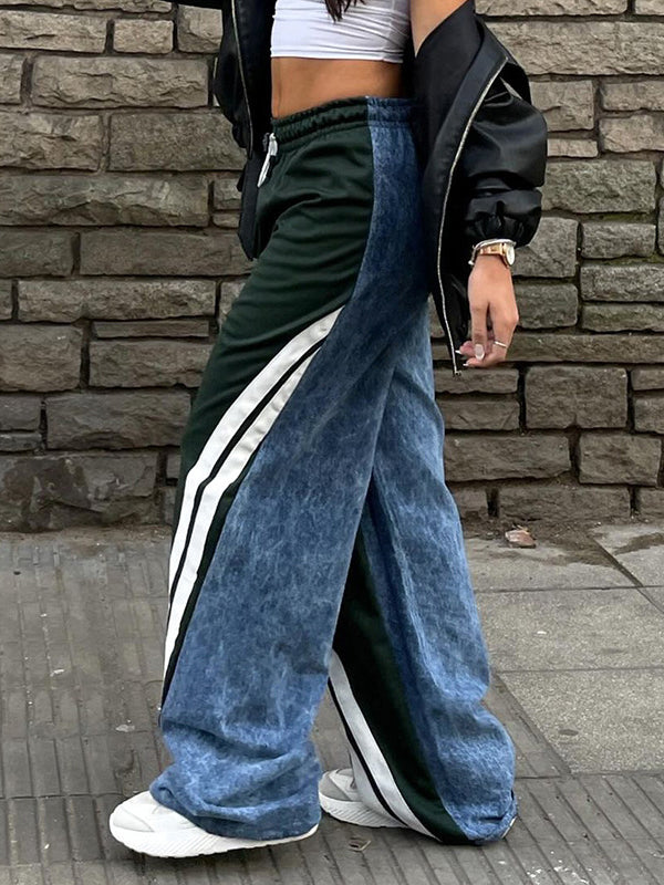 High Waisted Loose Drawstring Elasticity Pockets Denim Split-Joint Pants Trousers