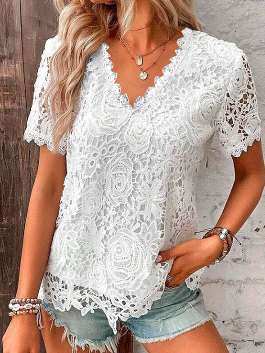 Loose Plus Size Embroidered Hollow Solid Color Split-Joint V-Neck T-Shirts Tops