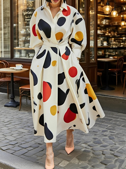 Long Sleeves Loose Contrast Color Pockets Lapel Maxi Dresses Shirt Dress