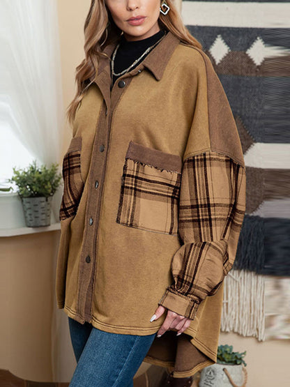 High-Low Long Sleeves Buttoned Plaid Pockets Split-Joint Lapel Jackets Outerwear