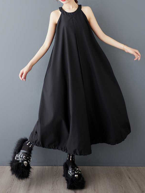 A-Line Loose Drawstring Pleated Pockets Solid Color Zipper Spaghetti-Neck Midi Dresses