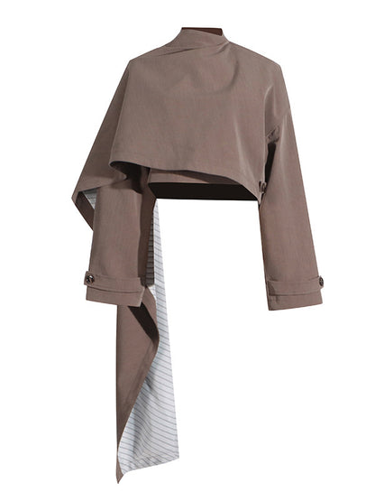 Long Sleeves Loose Asymmetric Buttoned Pockets Solid Color Stand Collar Blazer Outerwear