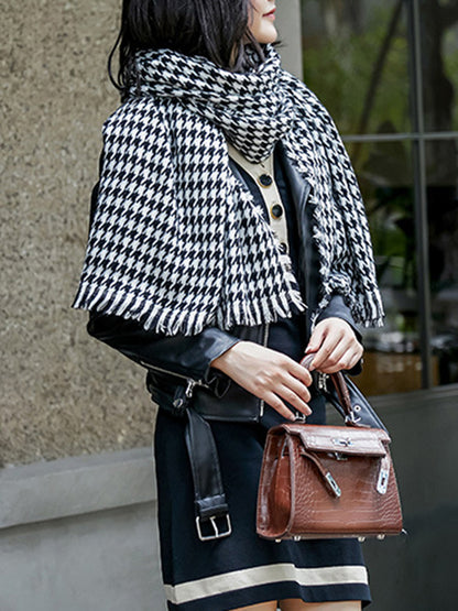 Fringed Houndstooth Keep Warm Shawl&Scarf