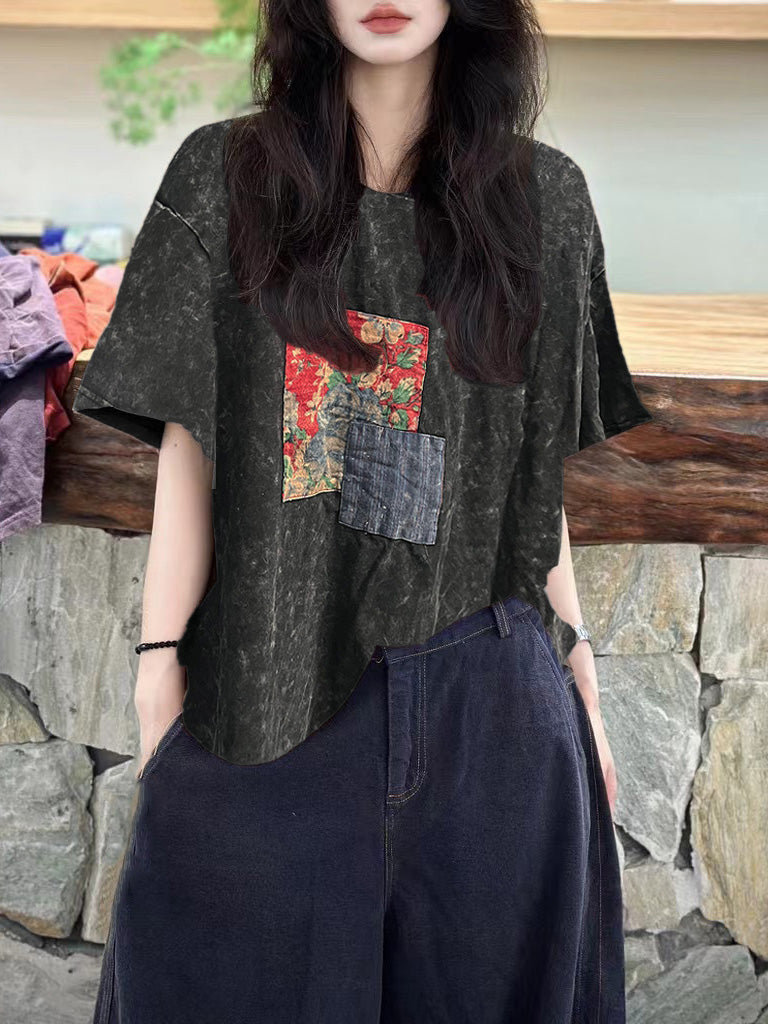 Plus Size Women Summer Patch Spliced 100%Cotton Shirt