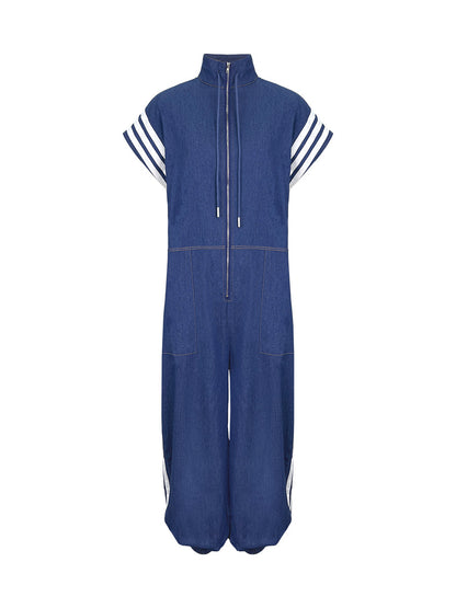 Ankle-Tied Loose Contrast Color Pockets Split-Joint Striped Zipper Stand Collar Jumpsuits