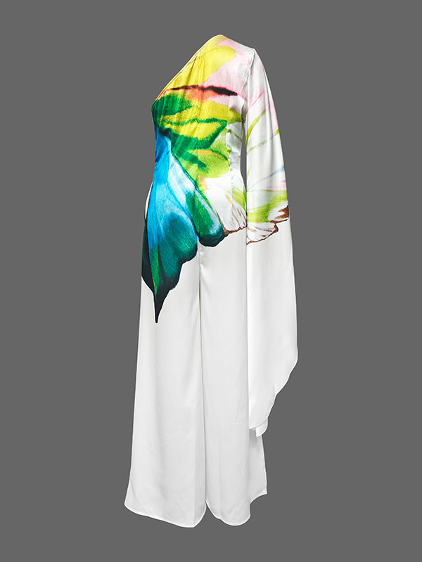 Long Sleeves Loose Flower Print Pleated Pockets One-shoulder Jumpsuits