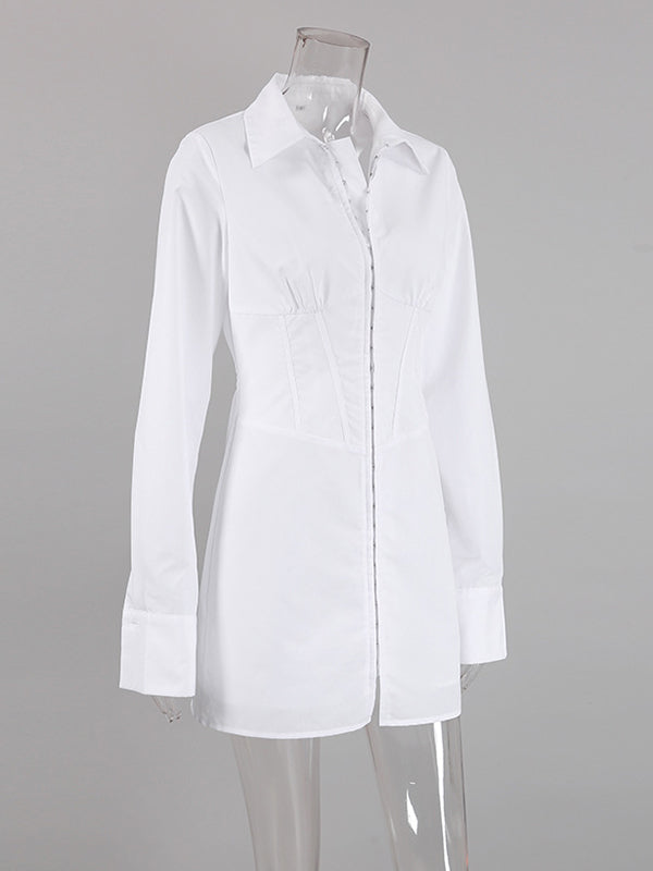 High Waisted Long Sleeves Buckle Solid Color Split-Front Lapel Mini Dresses