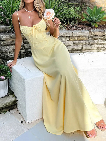 A-Line Bodycon Drawstring Pleated Solid Color Split-Joint Spaghetti-Neck Maxi Dresses