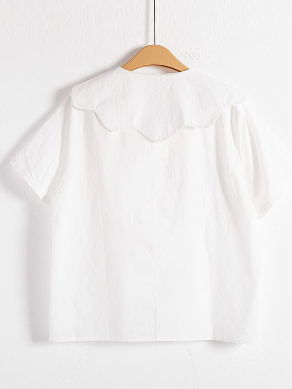 Loose Short Sleeves Solid Color Split-Joint Peter Pan Collar Blouses&Shirts Tops