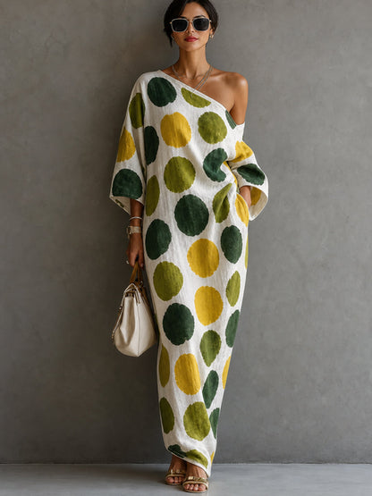 Polka-Dot Pockets Contrast Color Asymmetric Three-quarter Sleeves Loose One-shoulder Maxi Dresses