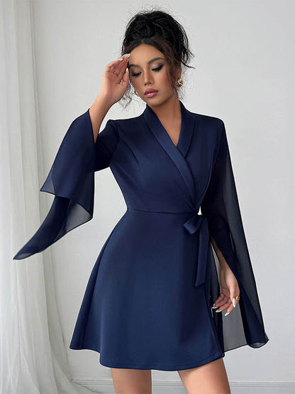 A-Line Elasticated Waist Interlace See-Through Solid Color Split-Joint Split-Side Tied Waist V-Neck Mini Dresses
