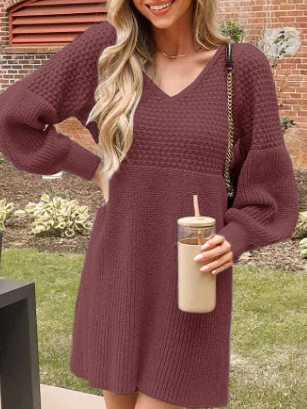 Long Sleeves Puff Sleeves Solid Color Split-Joint V-Neck Mini Dresses Sweater Dresses