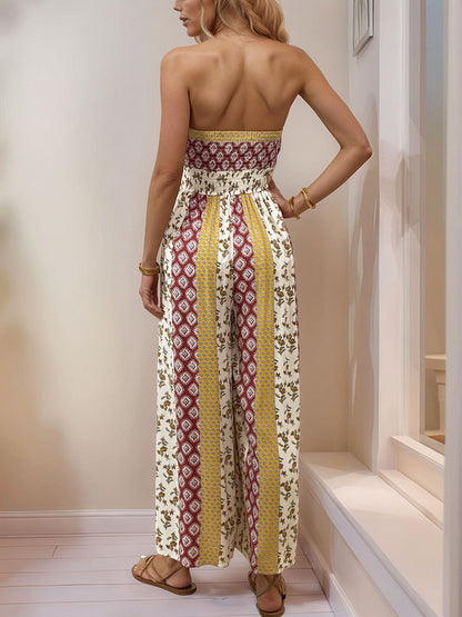 High Waisted Sleeveless Backless Contrast Color Pleated Printed Split-Joint Tied Twist Tube Jumpsuits