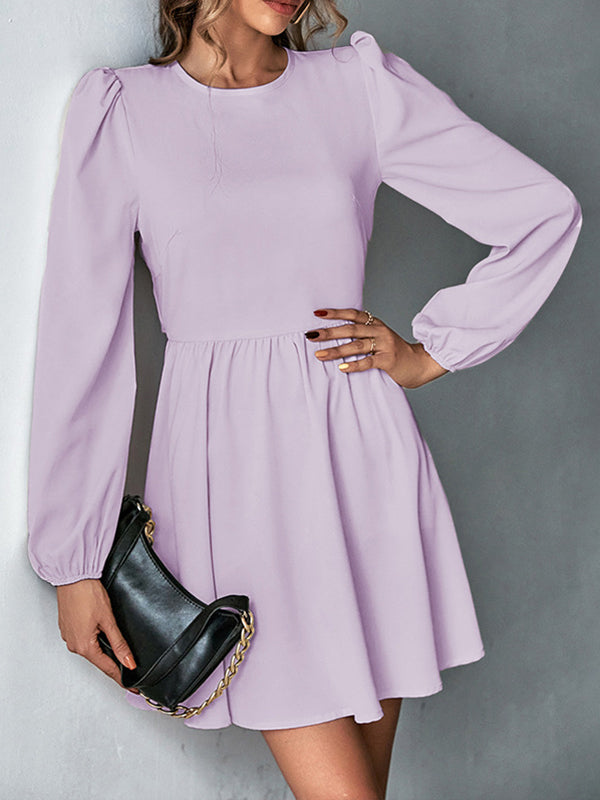 A-Line Bishop Sleeve Backless Elasticity Hollow Pleated Solid Color Tied Round-Neck Mini Dresses