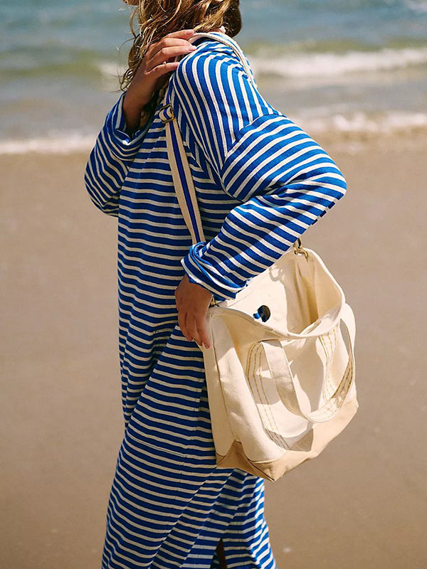 Long Sleeves Loose Contrast Color No Belt Split-Joint Striped Round-Neck Maxi Dresses