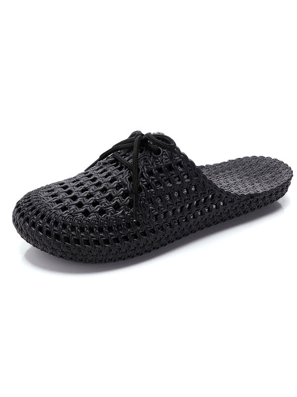 Hollow Lace-Up Round-Toe Mules&Slides Slippers
