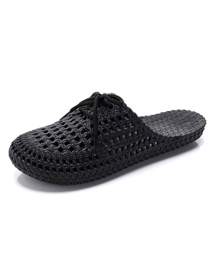 Hollow Lace-Up Round-Toe Mules&Slides Slippers