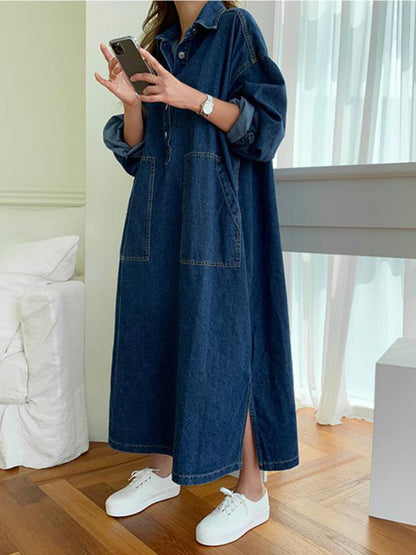Long Sleeves Loose Buttoned Pockets Solid Color Split-Joint Split-Side Lapel Maxi Dresses Shirt Dress