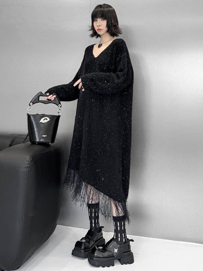 Irregularity Long Sleeves Contrast Color Sequined Shiny Split-Joint Tasseled V-Neck Midi Dresses Sweater Dresses