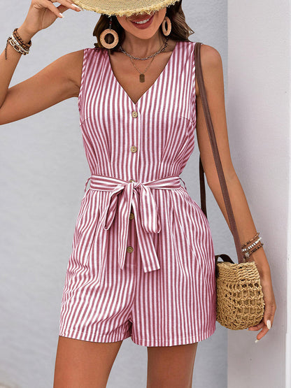 Elasticated Waist High Waisted Buttoned Pockets Striped Tied Waist V-Neck Rompers