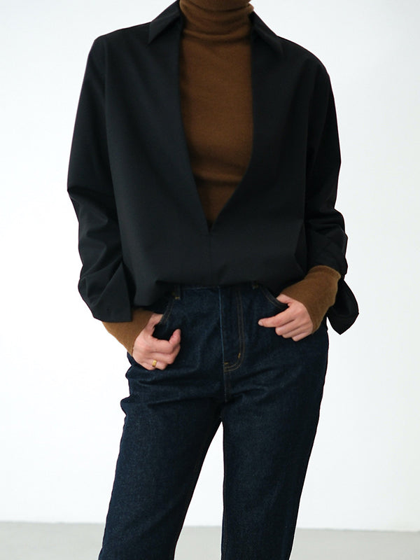 Long Sleeves Loose Solid Color Deep V-Neck Blouses&Shirts Tops