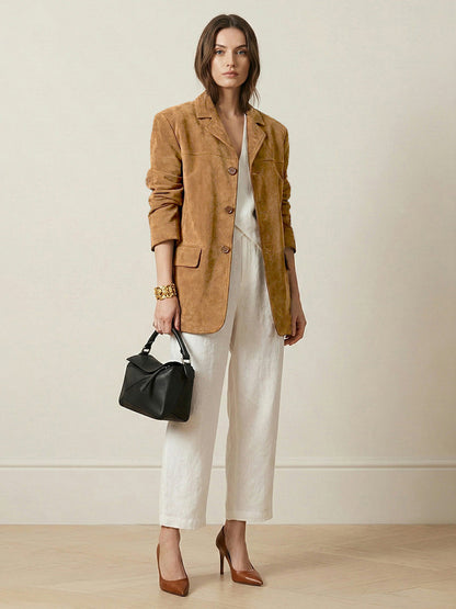 Long Sleeves Loose Buttoned Solid Color Split-Joint Notched Collar Blazer Outerwear
