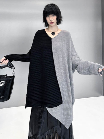 Batwing Sleeves Irregularity Asymmetric Contrast Color Split-Joint Textured V-Neck Sweater Tops