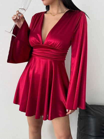 Bodycon Elasticated Waist Solid Color Deep V-Neck Mini Dresses