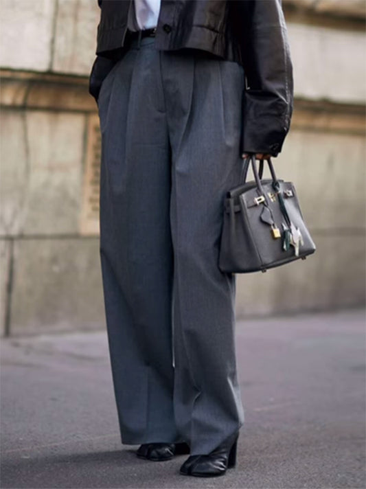 Loose Straight Leg High-Waisted Pleated Solid Color Split-Joint Suit Pants Trousers