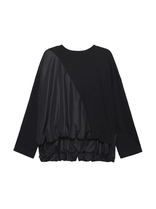 Solid Color Loose Long Sleeves Asymmetric Pleated Split-Joint Round-Neck Shirts Top +  Pants Bottom Two Pieces Set