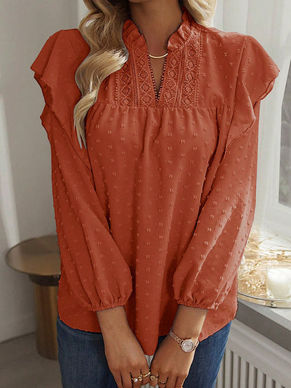 Long Sleeves Loose Elasticity Jacquard Ruffle Trim Solid Color Split-Joint V-Neck Blouses&Shirts Tops