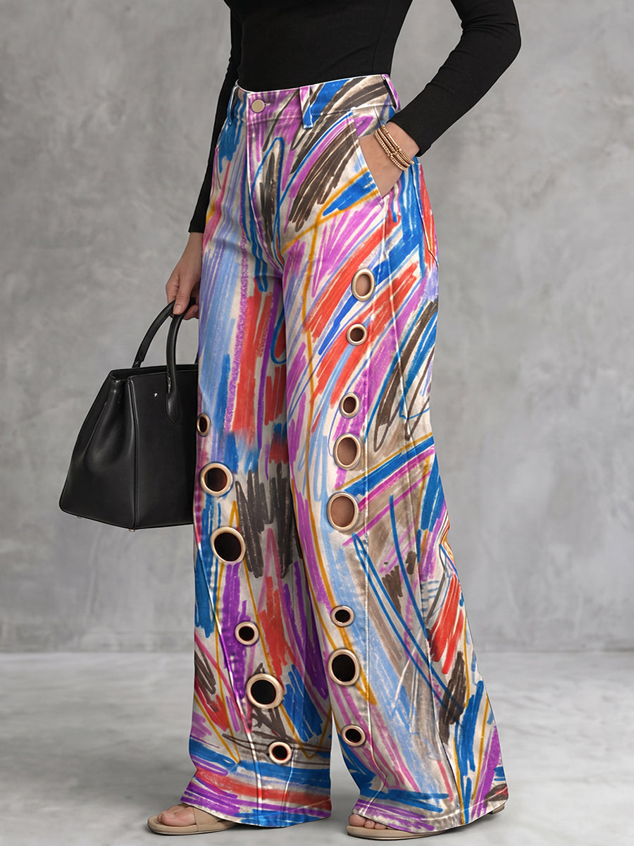 Loose Wide Leg Buttoned Contrast Color Hollow Printed Pants Trousers
