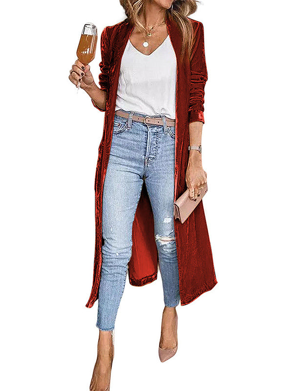Long Sleeves Loose Pockets Solid Color Split-Joint Velvet Collarless Outerwear